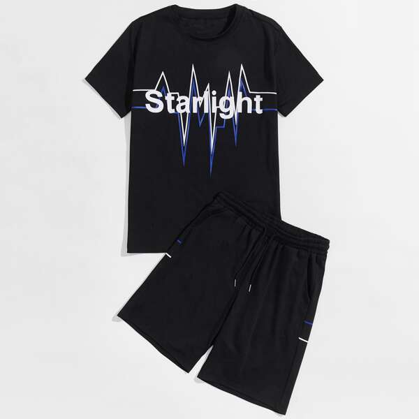 

Men Letter Graphic Tee With Drawstring Waist Shorts, Black