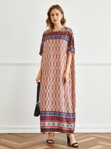 Al Najma Batwing Sleeve Floral and Graphic Print Dress - Multicolor - View 3
