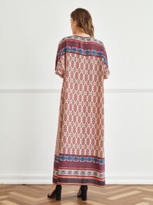 Al Najma Batwing Sleeve Floral and Graphic Print Dress - Multicolor - View 2