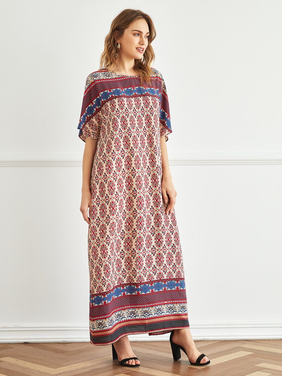 Al Najma Batwing Sleeve Floral and Graphic Print Dress - Multicolor - View 1