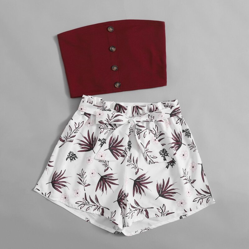 

Solid Button Front Tube Top & Leaf Graphic Tie Front Shorts, Multicolor