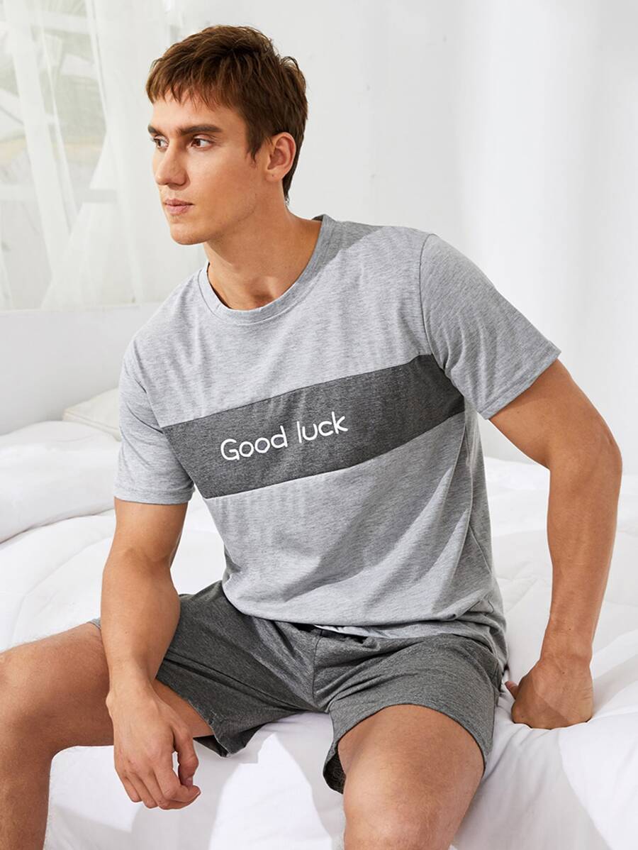 Men Cut And Sew Letter Graphic PJ Set / Pajama Set - Grey - View 1