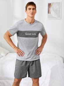 Men Cut And Sew Letter Graphic PJ Set / Pajama Set - Grey - View 3