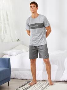 Men Cut And Sew Letter Graphic PJ Set / Pajama Set - Grey - View 4