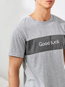 Men Cut And Sew Letter Graphic PJ Set / Pajama Set - Grey - View 5