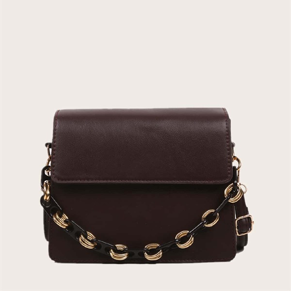 

Plain Flap Chain Satchel Bag, Coffee brown