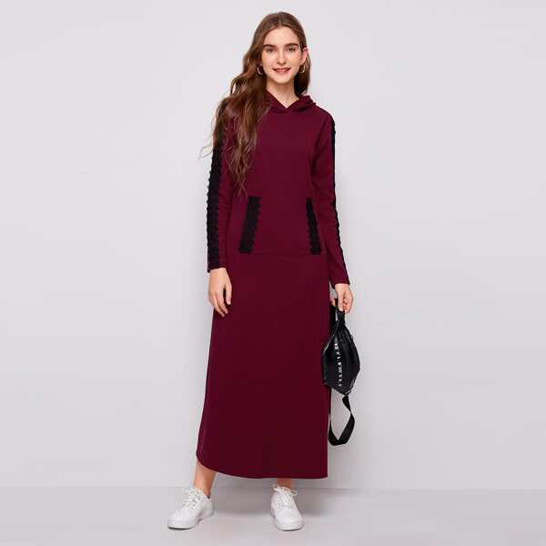 

Lace Trim Pocket Front Hooded Dress, Maroon