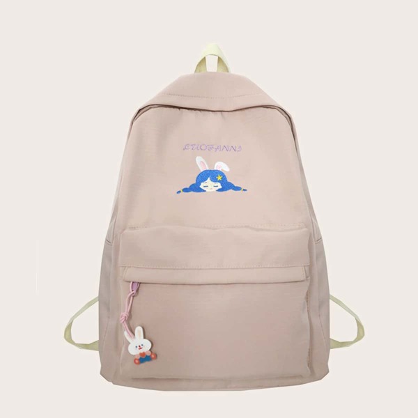 

Cartoon Charm Pocket Front School Bag, Pink