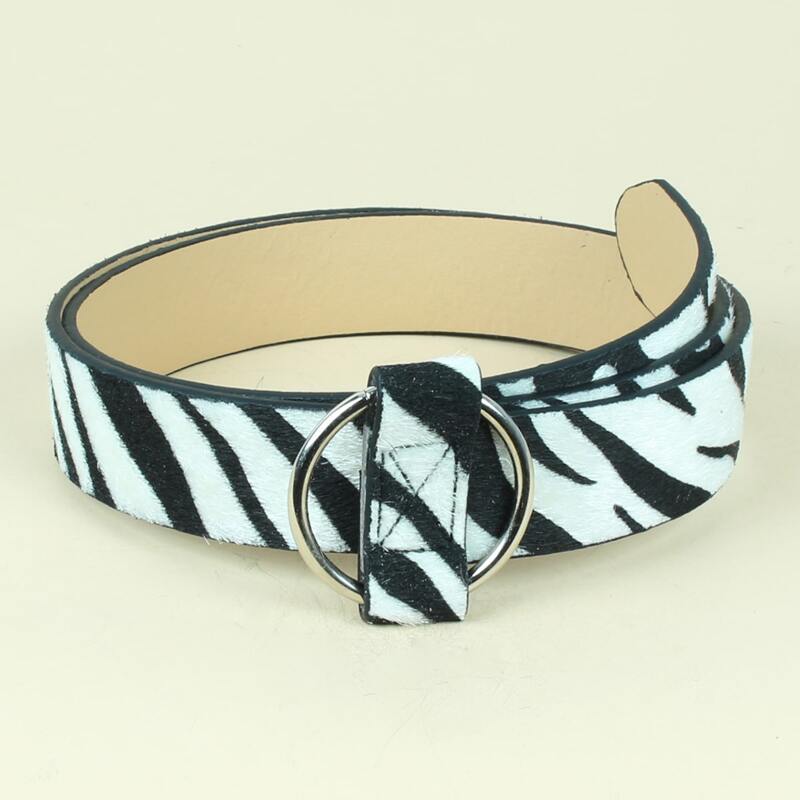 

Zebra Striped Ring Buckle Belt, Black and white