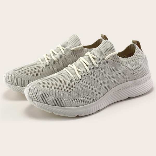 

Men Lace Up Decor Wide Fit Knit Sneakers, Beige