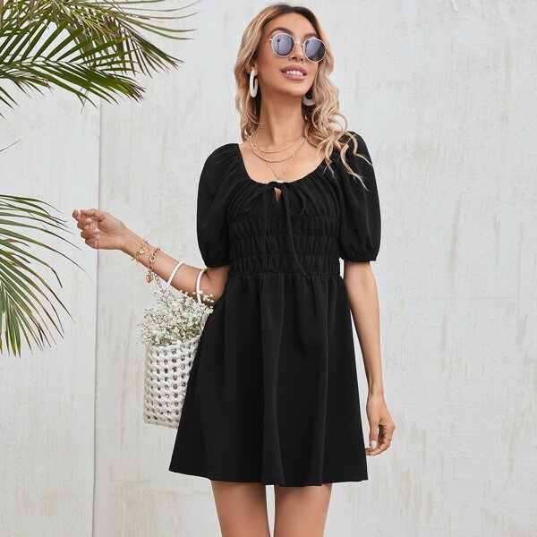 

Puff Sleeve Tie Front Ruched Waist Dress, Black
