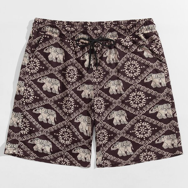 

Men Elephant Print Drawstring Waist Shorts, Multicolor