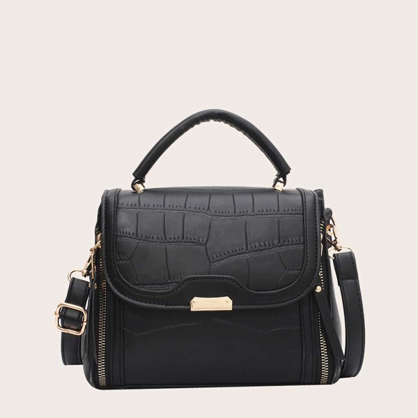 

Croc Embossed Satchel Bag, Black