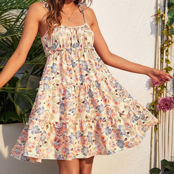 

Knot Strap Frill Trim Floral Dress, Multicolor