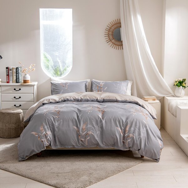 

Plant Print Duvet Cover Set Without Filler, Grey