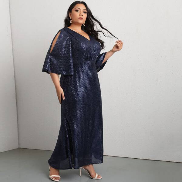 

Plus Split Sleeve Sequin Fitted Dress, Navy blue