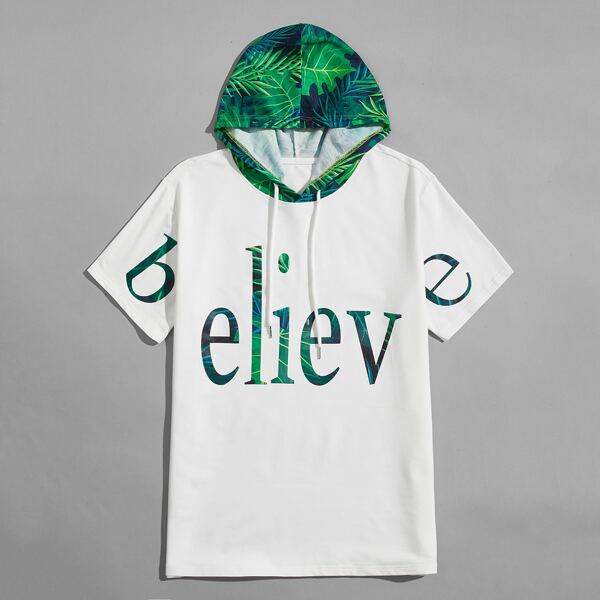 

Men Tropical And Letter Graphic Hooded Tee, White