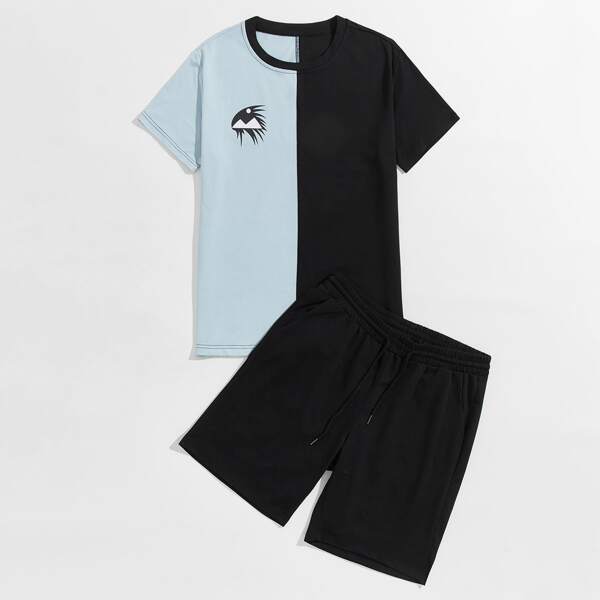 

Men Letter Graphic Spliced Tee & Drawstring Shorts, Multicolor