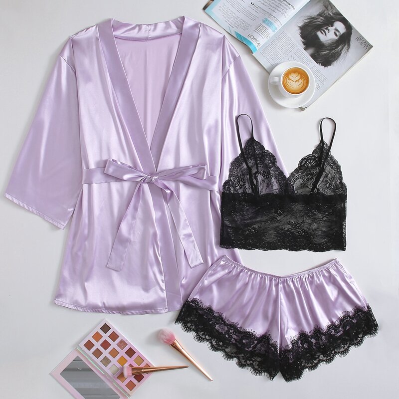 

3pack Plus Contrast Lace Satin Lingerie Set & Robe, Purple