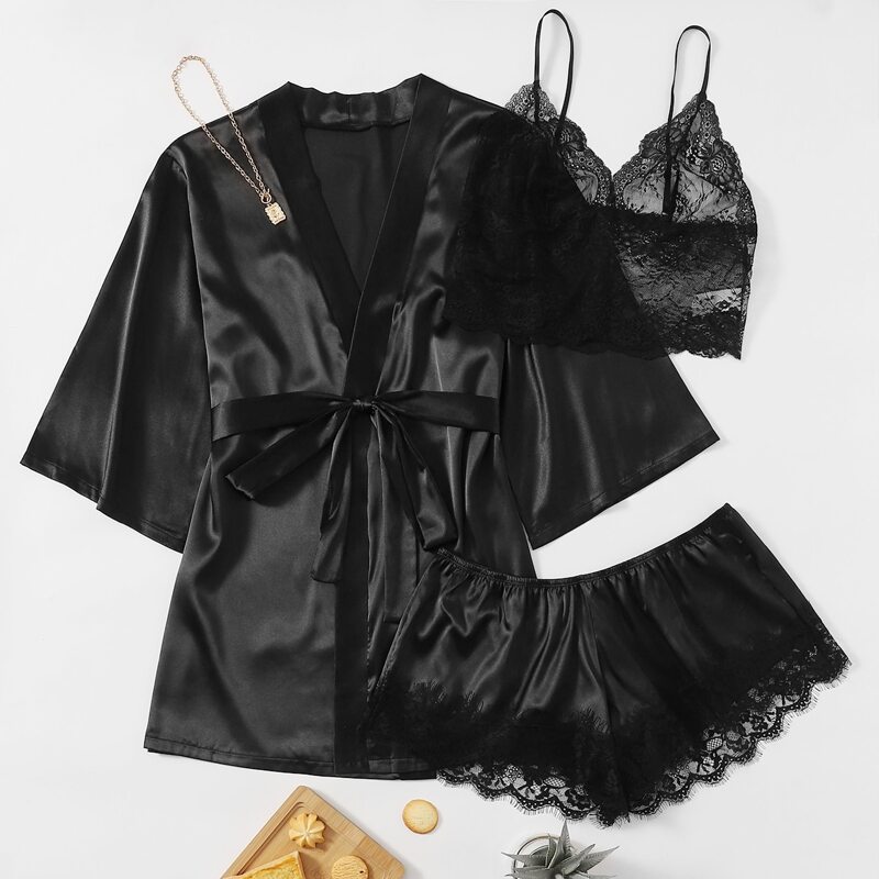 

3pack Plus Contrast Lace Satin Lingerie Set & Robe, Black