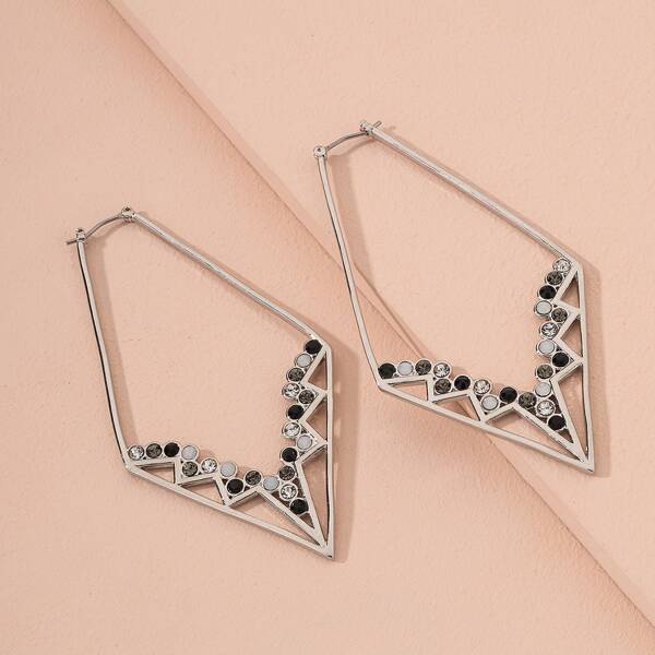 

Hollow Out Geo & Rhinestone Decor Hoop Earrings, Silver