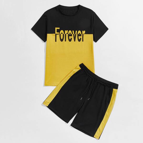 

Men Color-block Letter Graphic Tee & Shorts, Multicolor