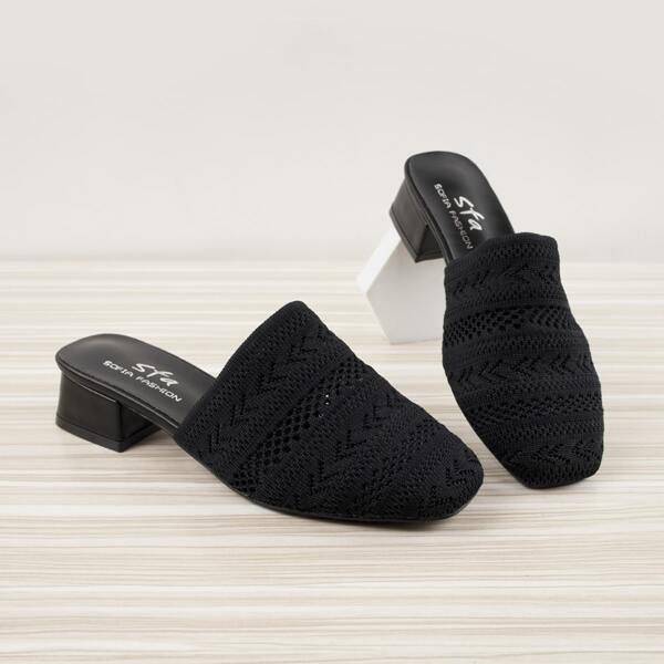

Knit Chunky Heeled Mules, Black