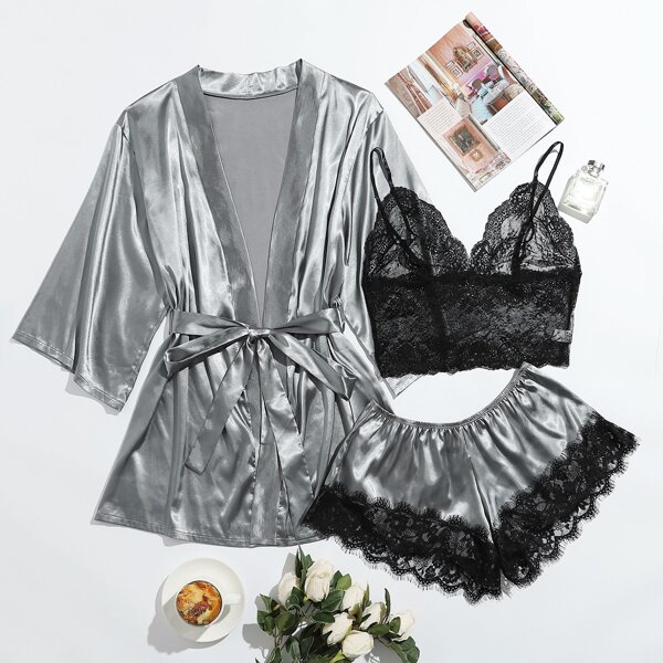 

3pack Plus Contrast Lace Satin Lingerie Set & Robe, Grey