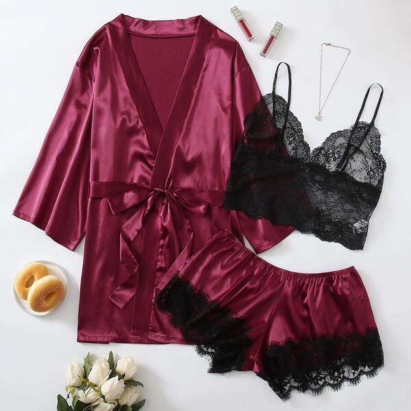 

3pack Plus Contrast Lace Satin Lingerie Set & Robe, Burgundy