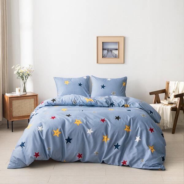 

Star Print Duvet Cover Set Without Filler, Blue