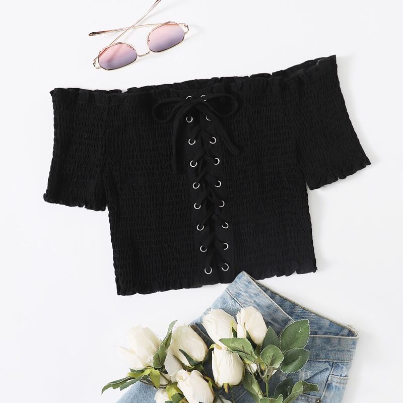 

Solid Lace Up Shirred Crop Top, Black