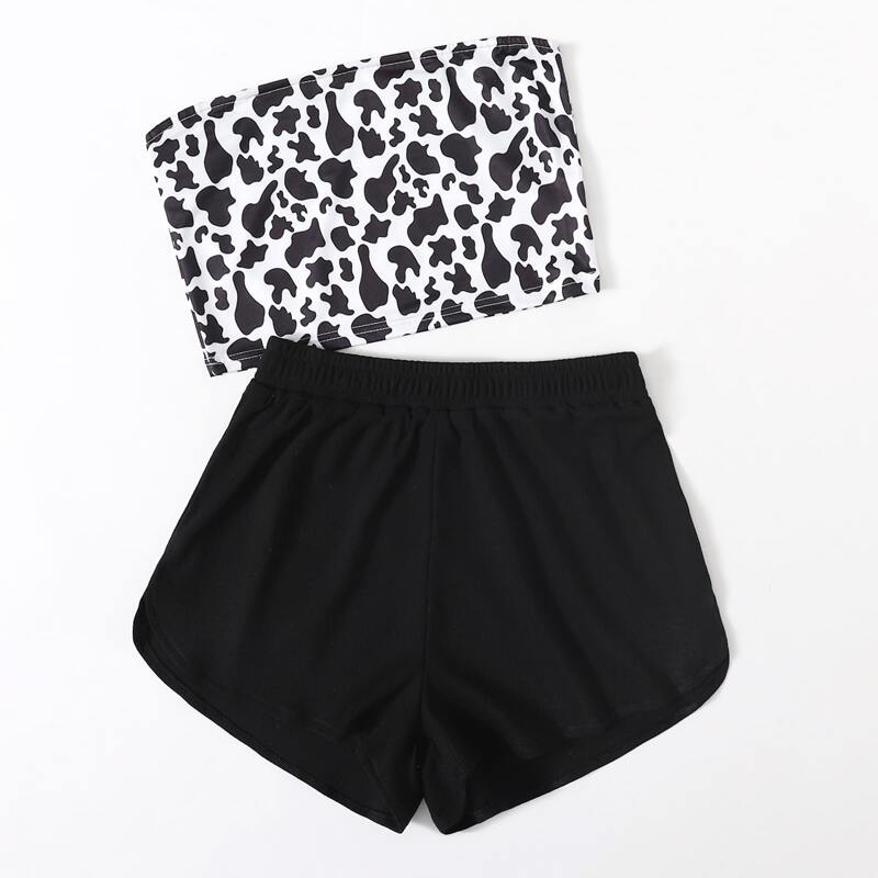 

Cow Print Tube Top & Solid Shorts, Black and white