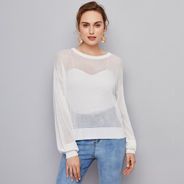 

Drop Shoulder Open Knit Sweater Without Camisole, White