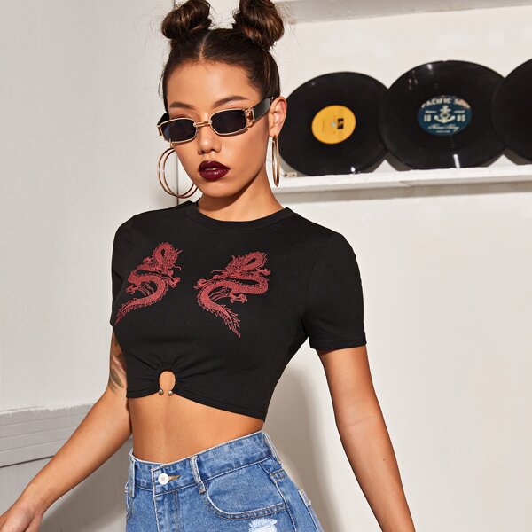 

Chinese Dragon Print Crop Slim Tee, Black