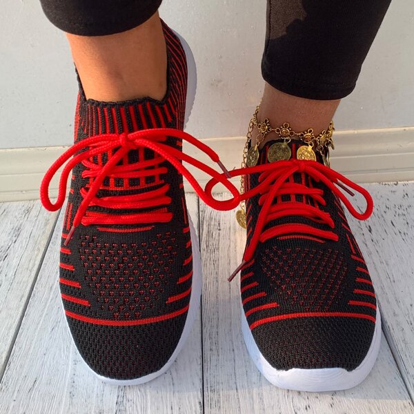 

Lace-up Decor Striped Sneakers, Red