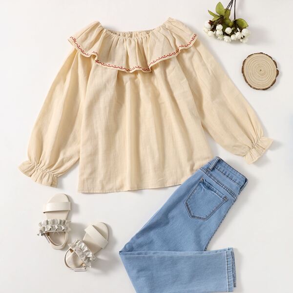 

Girls Embroidery Ruffle Trim Blouse, Apricot