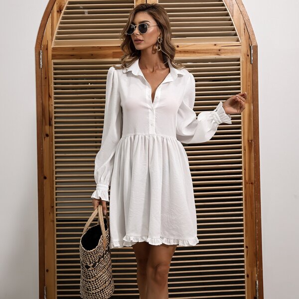

Button Front Bell Sleeve Dress, White