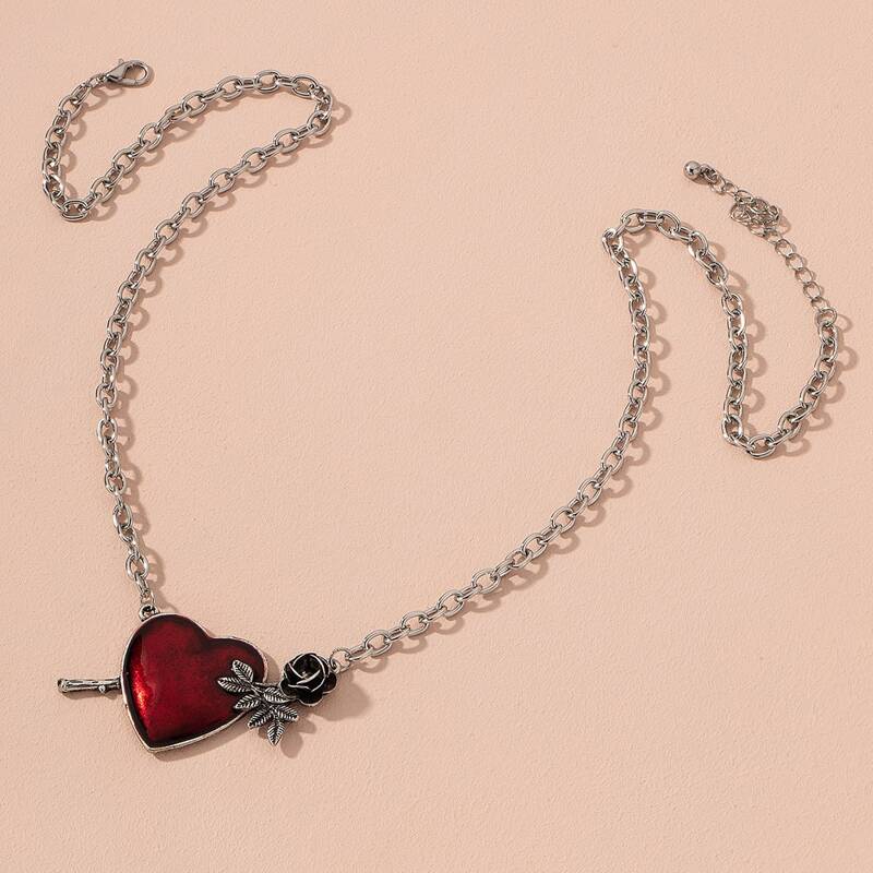 

Heart Flower Charm Necklace, Antique silver
