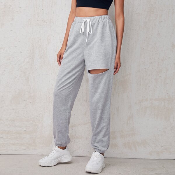 

Drawstring Waist Ripped Solid Sweatpants, Light grey