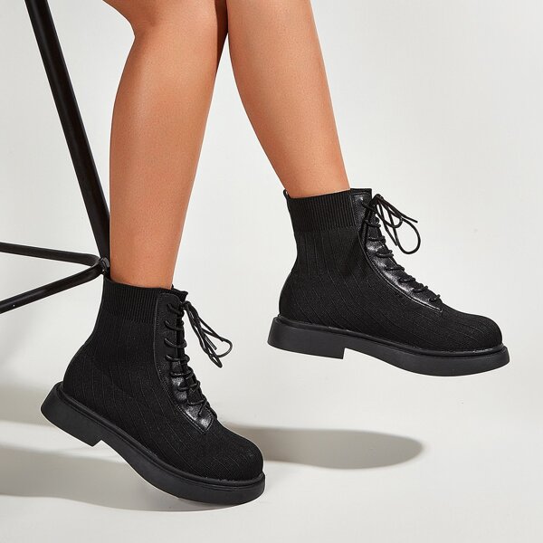 

Minimalist Lace Up Decor Knit Boots, Black