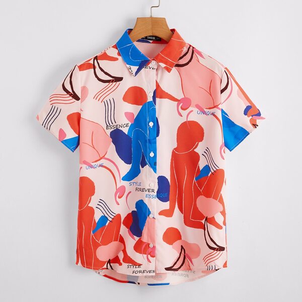 

Letter & Figure Graphic Single Breasted Blouse, Multicolor