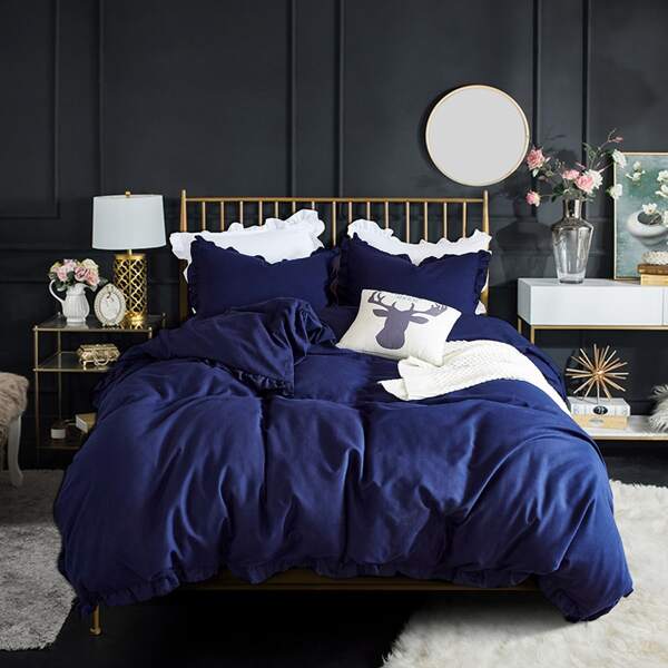 

Plain Ruffle Trim Duvet Cover Set Without Filler, Navy blue