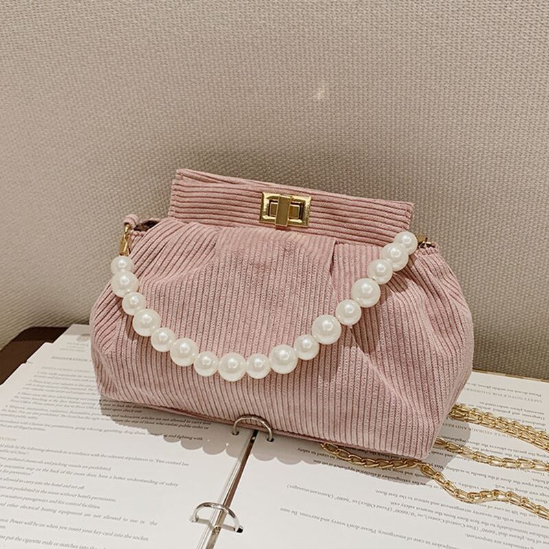 

Faux Pearl Handle Corduroy Ruched Bag, Baby pink