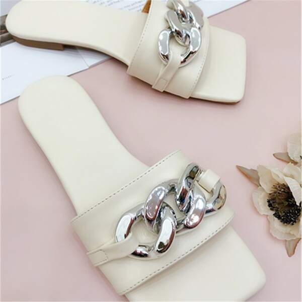

Chain Decor Slide Sandals, Beige