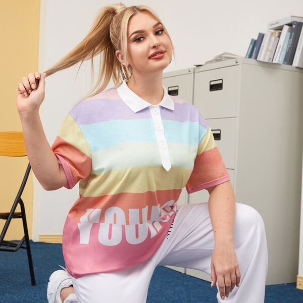 

Plus Letter Graphic Colorful Stripe Polo Neck Tee, Multicolor