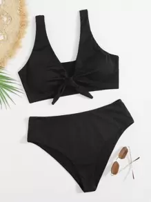SHEIN Swim Curve Conjunto de bikini de cintura alta con nudo delantero talla grande para playa de verano - Negro - Ver 1