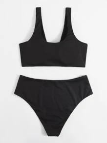 SHEIN Swim Curve Conjunto de bikini de cintura alta con nudo delantero talla grande para playa de verano - Negro - Ver 2