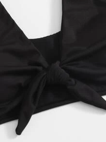 SHEIN Swim Curve Conjunto de bikini de cintura alta con nudo delantero talla grande para playa de verano - Negro - Ver 3
