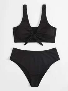 SHEIN Swim Curve Conjunto de bikini de cintura alta con nudo delantero talla grande para playa de verano - Negro - Ver 5