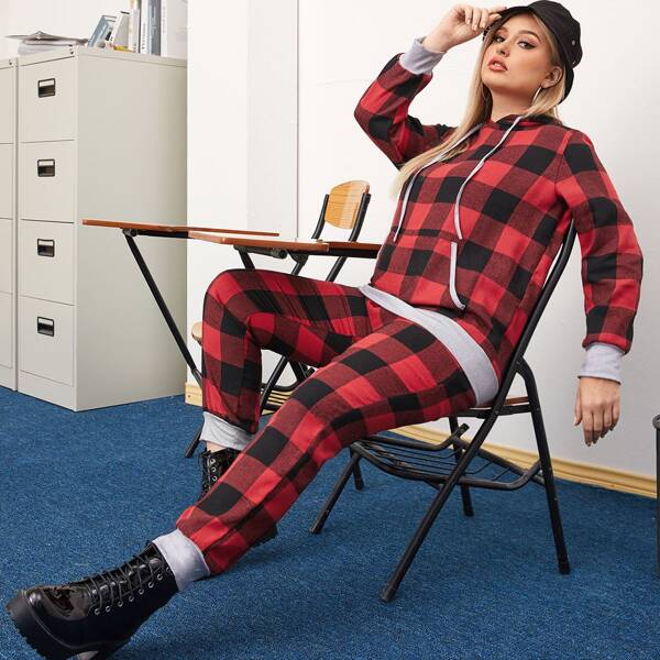 

Plus Kangaroo Pocket Gingham Drawstring Hoodie & Sweatpants, Multicolor